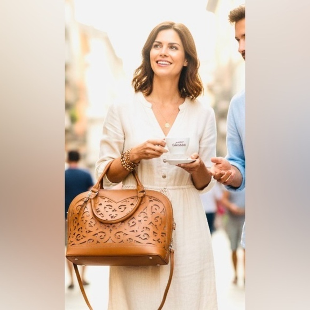 Diane B Milano Intricate Hand Tooled & Painted Made in Italy Leather Satchel